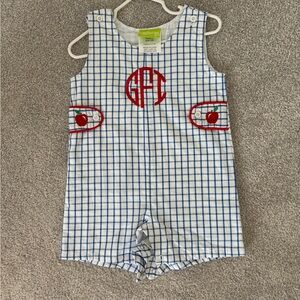 Blue and White Checkered Romper with Red Apple Accents